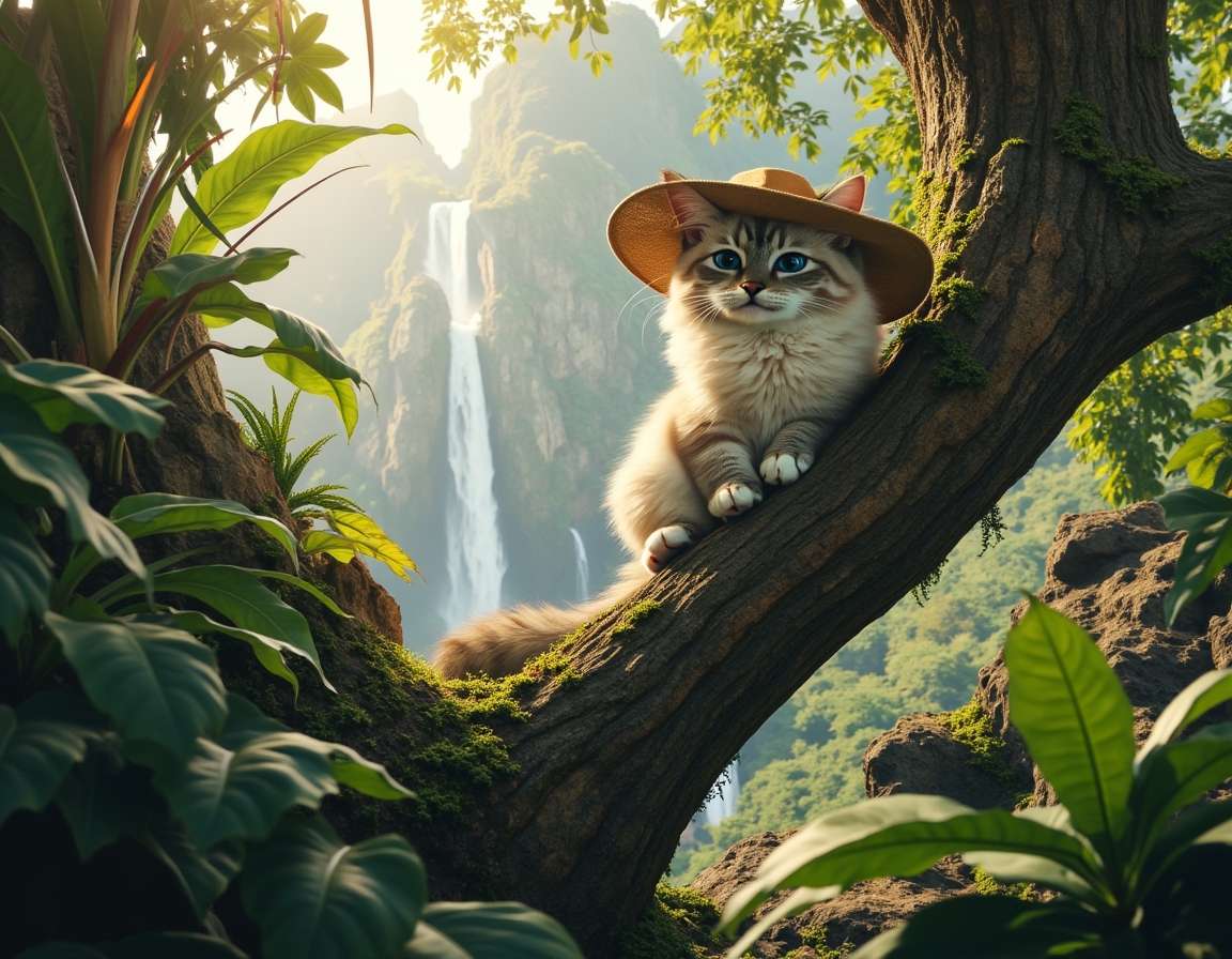 Cat wearing an explorer’s hat climbs a tree in a lush jungle. Waterfalls and dense greenery surround the scene, with sunlight filtering through the canopy.